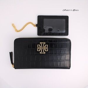 Tory Burch Britten Croc Embossed Large Continental Wallet & ID Case In Black